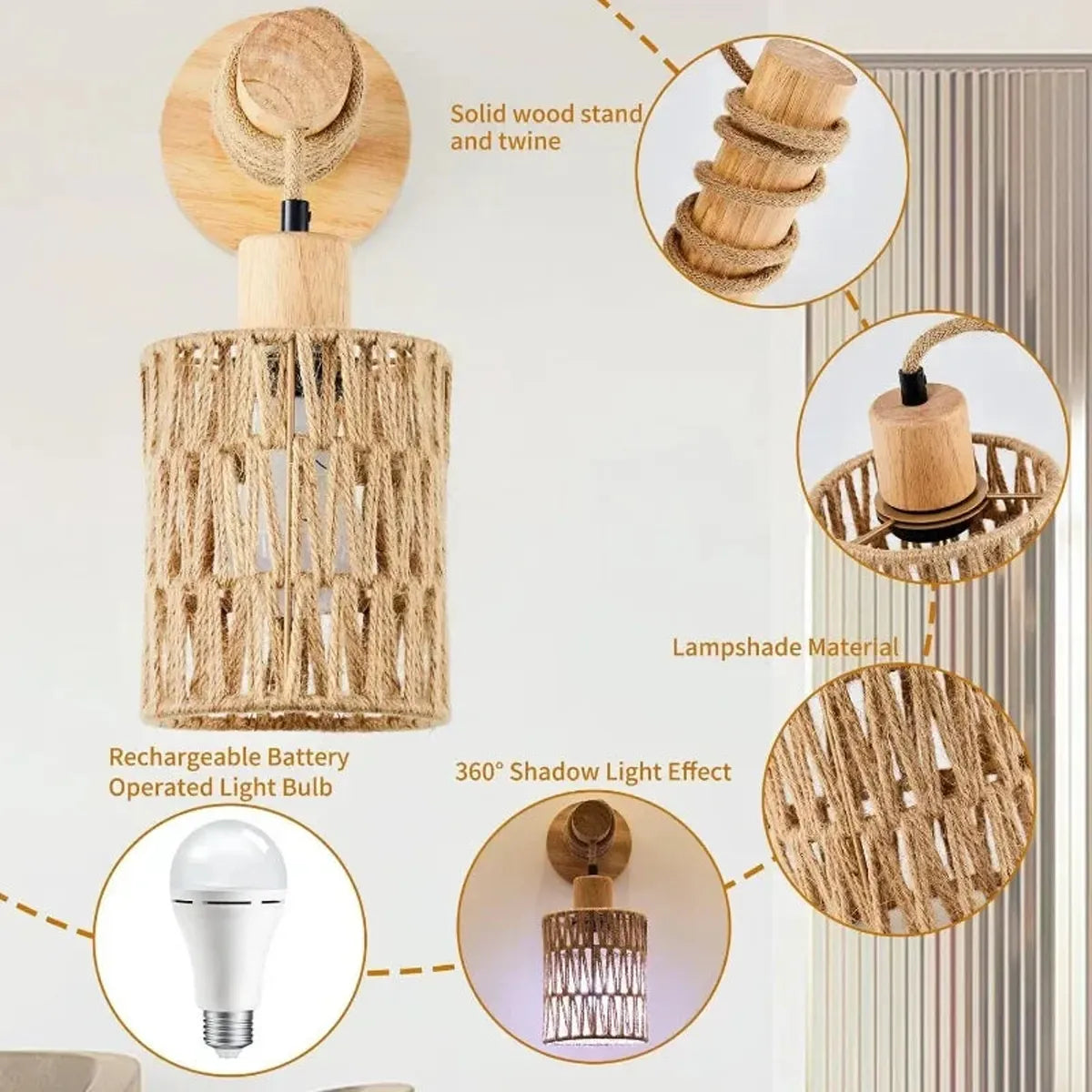 Naturinspirierte, handgefertigte Rattan-Wandleuchte – Hanfseil-Design, Landhausstil, E26/E27-Leuchtmittel
