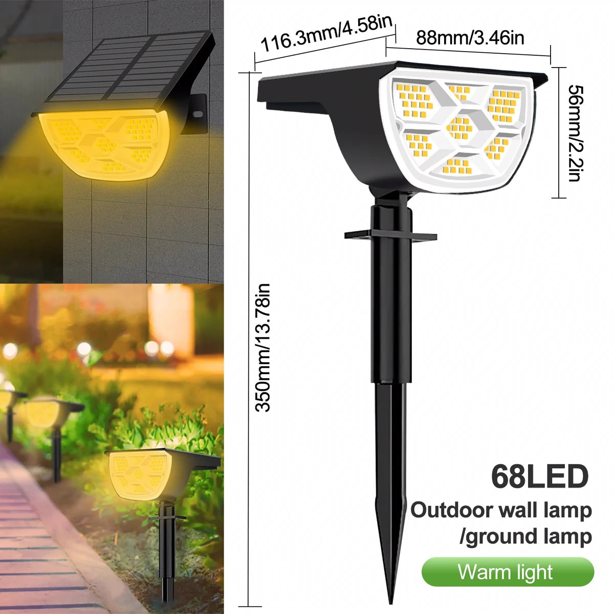 Outdoor 72/68 LEDs Solar Landscape Spotlight Waterproof 3 Modes Solar Garden Lights