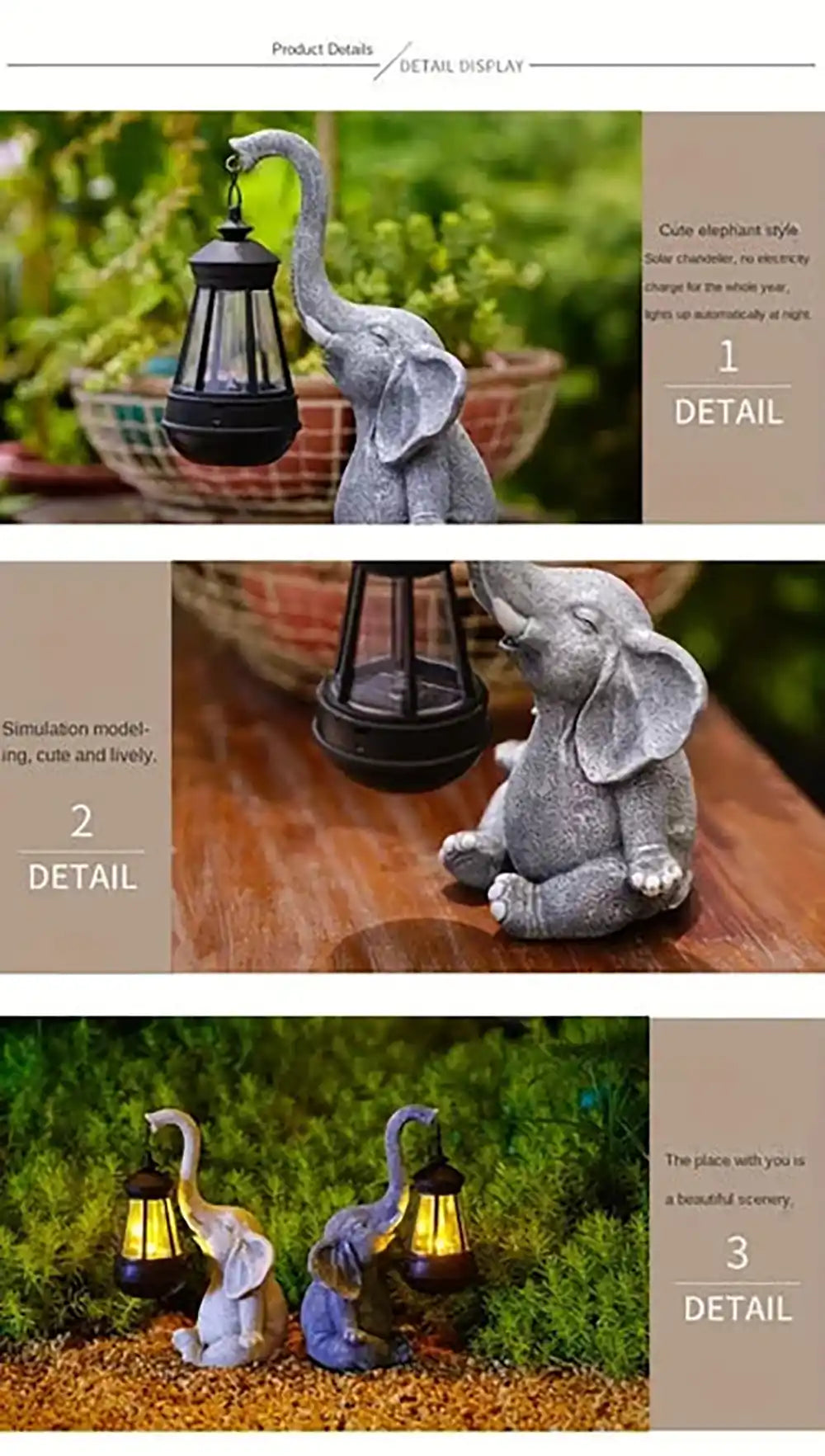 Outdoor Garden Elephant Statue With Waterproof Solar Lantern Light