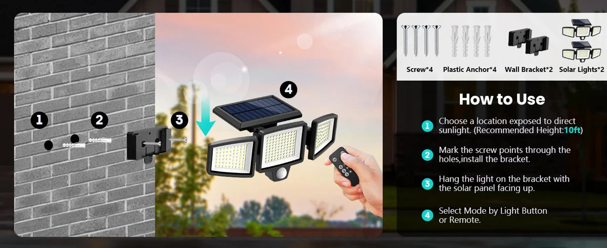 Outdoor Solar LED Wall Light with 200+ LEDs Waterproof and Motion Sensor Security Light