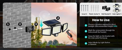 Outdoor Solar LED Wall Light with 200+ LEDs Waterproof and Motion Sensor Security Light