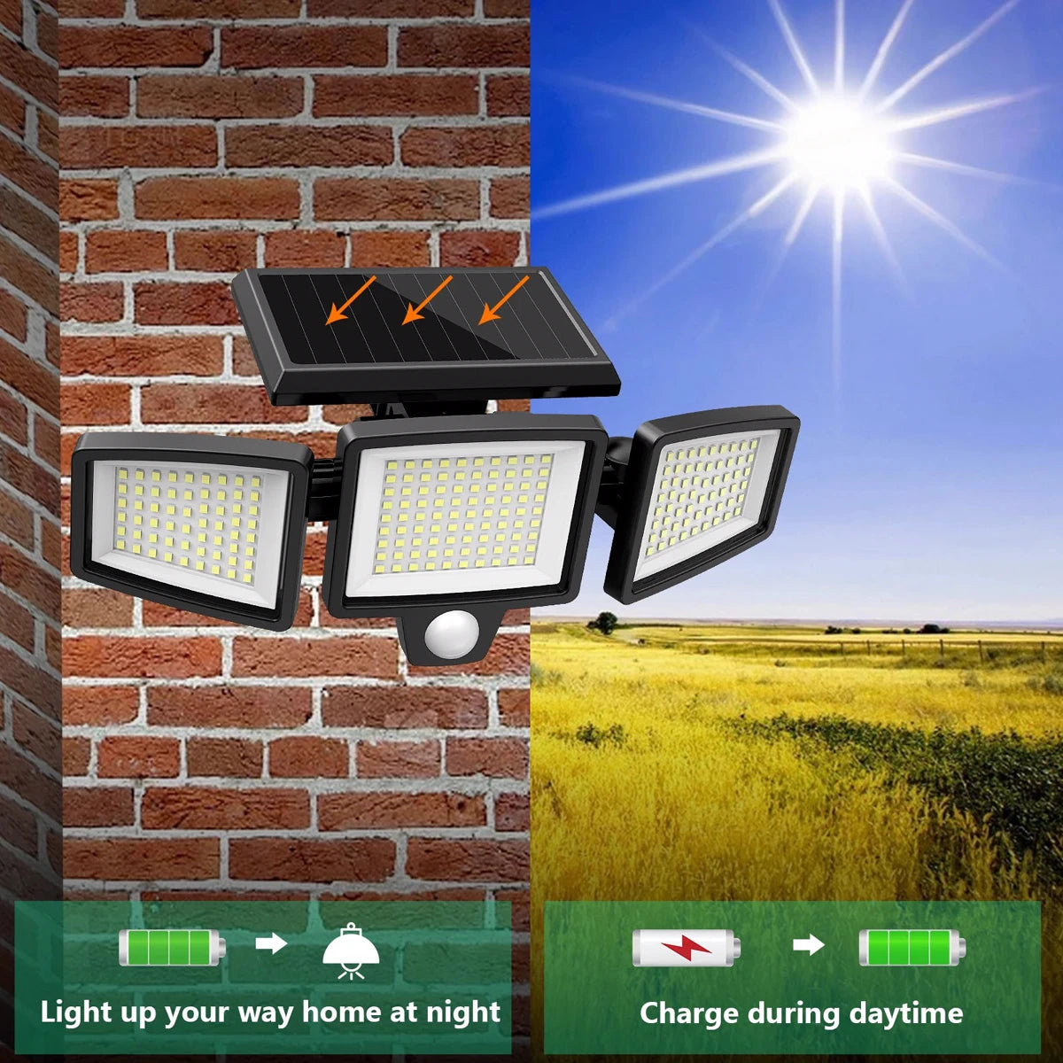 Outdoor Solar LED Wall Light with 200+ LEDs Waterproof and Motion Sensor Security Light