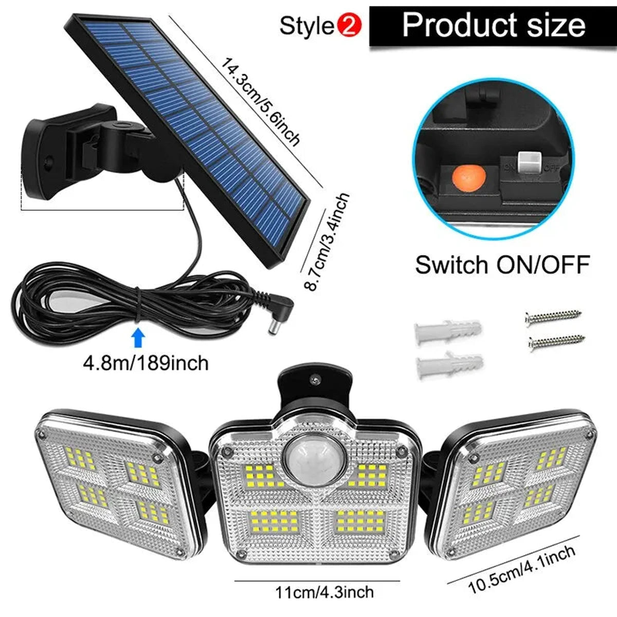 Outdoor Solar Motion Sensor Flood Lights 4-Head 3000 Lumens 270° Lighting Range