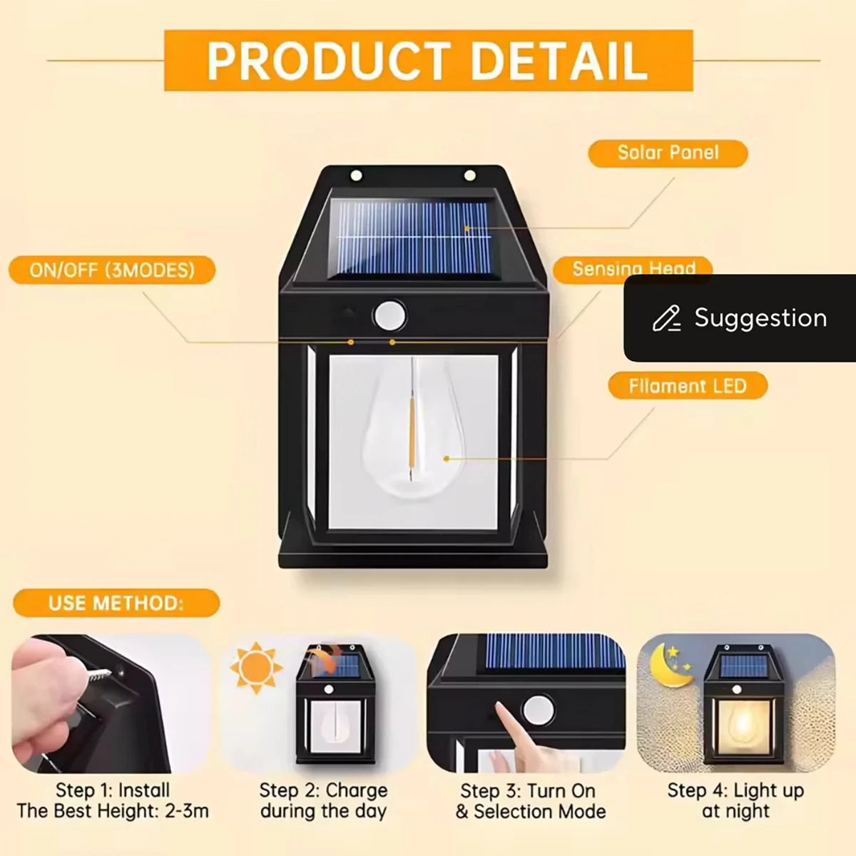 Outdoor Solar Wall Lamp Waterproof Induction Lamp Household Garden Wall Light