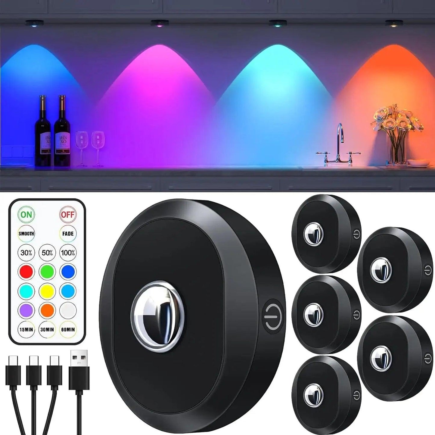 Battery Operated Under Cabinet LED Puck Lights 3pcs with Timer Stick - Lumaz