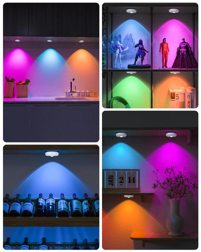 Battery Operated RGB Under Cabinet LED Puck Lights 6pcs with Timer Stick - Lumaz