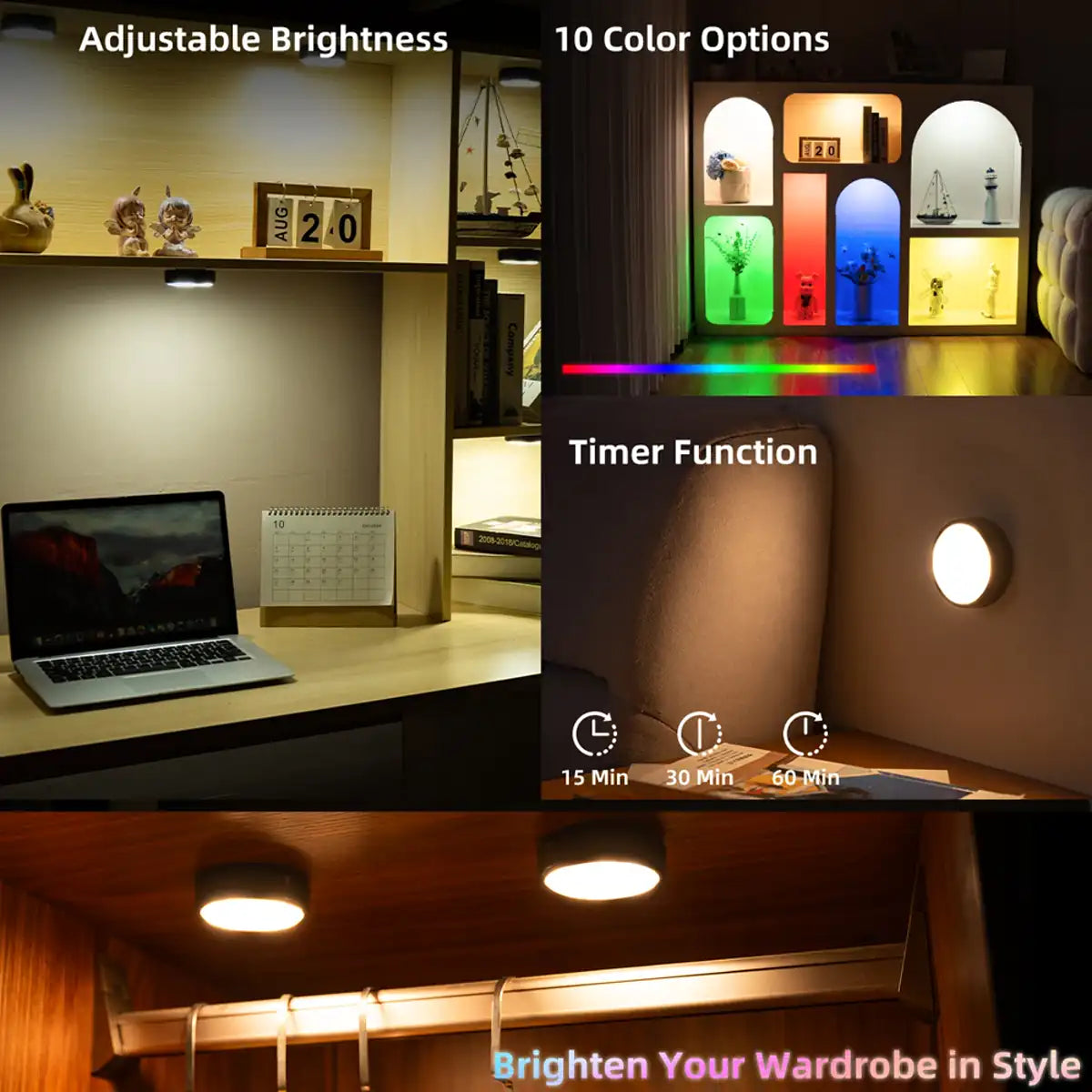 RGB + CCT Rechargeable Under Cabinet LED Puck Lights - Black, Remote Control, USB-C