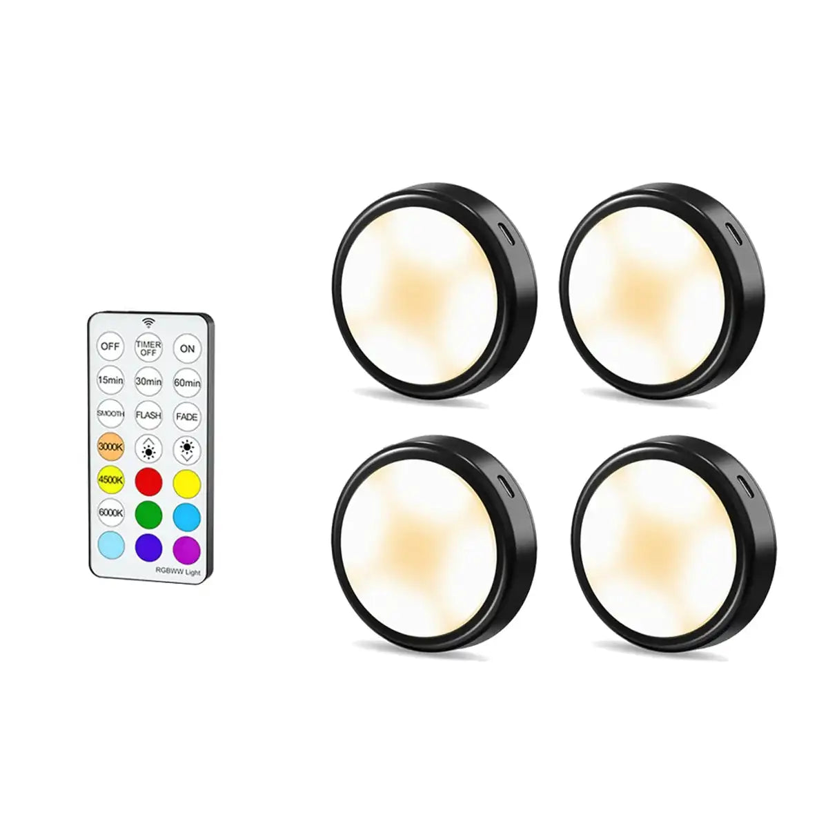 RGB + CCT Rechargeable Under Cabinet LED Puck Lights - Black, Remote Control, USB-C