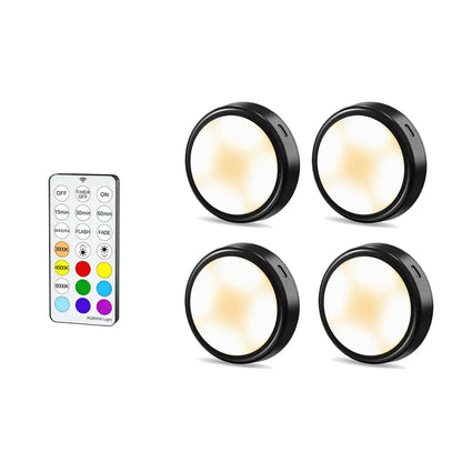 RGB + CCT Rechargeable Under Cabinet LED Puck Lights - Black, Remote Control, USB-C