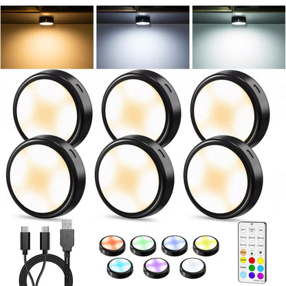 RGB + CCT Rechargeable Under Cabinet LED Puck Lights - Black, Remote Control, USB-C