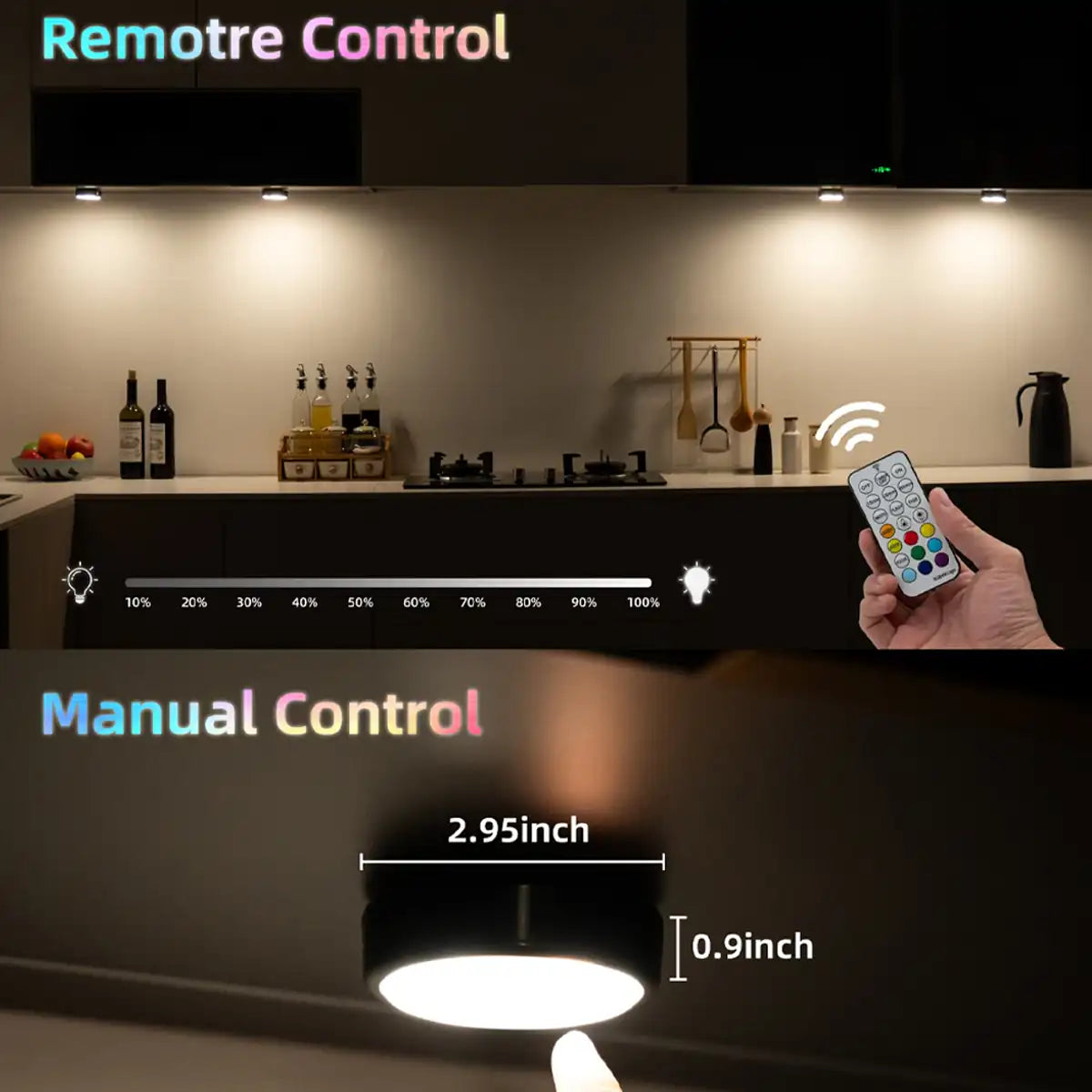 RGB + CCT Rechargeable Under Cabinet LED Puck Lights - Black, Remote Control, USB-C