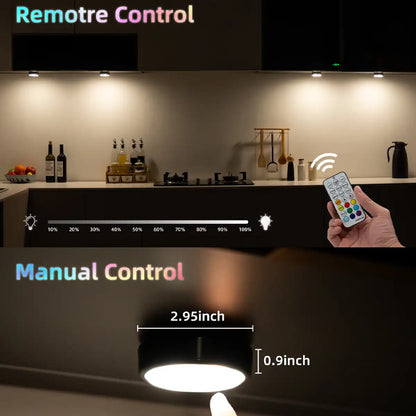 RGB + CCT Rechargeable Under Cabinet LED Puck Lights - Black, Remote Control, USB-C