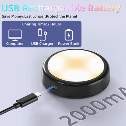 RGB + CCT Rechargeable Under Cabinet LED Puck Lights - Black, Remote Control, USB-C