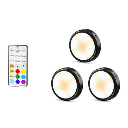 RGB + CCT Rechargeable Under Cabinet LED Puck Lights - Black, Remote Control, USB-C