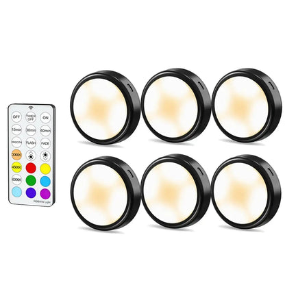 RGB + CCT Rechargeable Under Cabinet LED Puck Lights - Black, Remote Control, USB-C