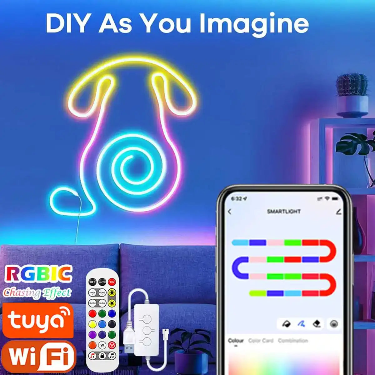 RGBIC Silicone Neon LED Strip Light - Tuya Smart App, IP65 Waterproof, USB 5V, Voice Control