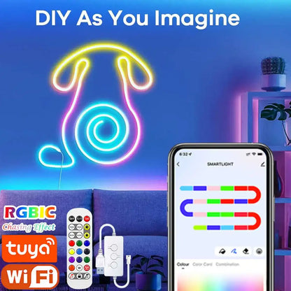 RGBIC Silicone Neon LED Strip Light - Tuya Smart App, IP65 Waterproof, USB 5V, Voice Control