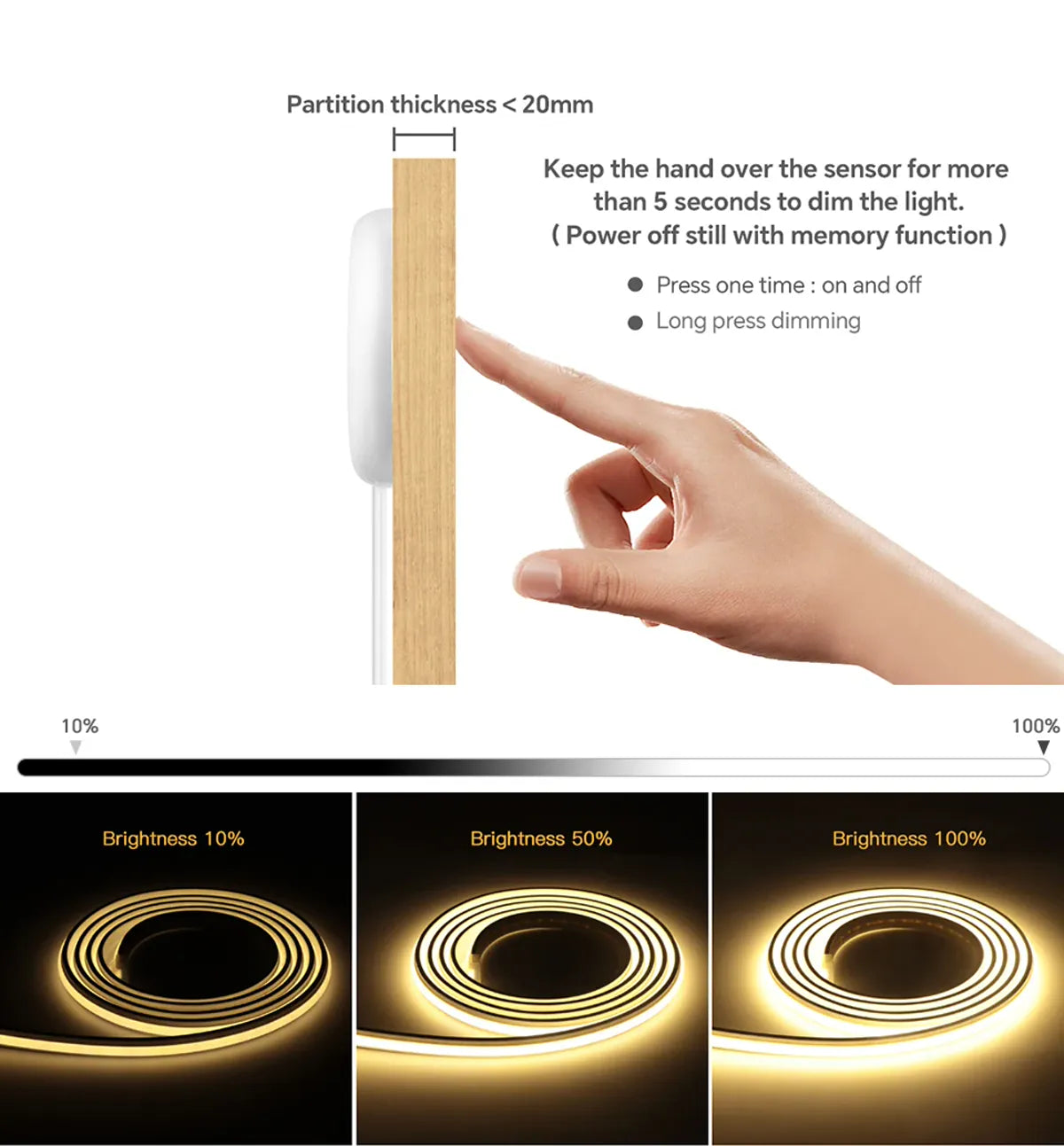 Self-Adhesive COB LED Under Cabinet Lights Penetrating Touch Sensor Neon Tape Lights