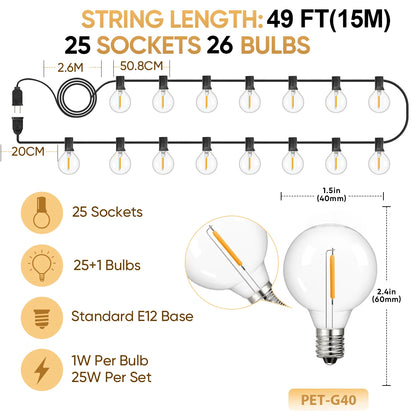 Shatterproof G40 Outdoor String Lights 110V Led String Light Waterproof Connectable - Lumaz