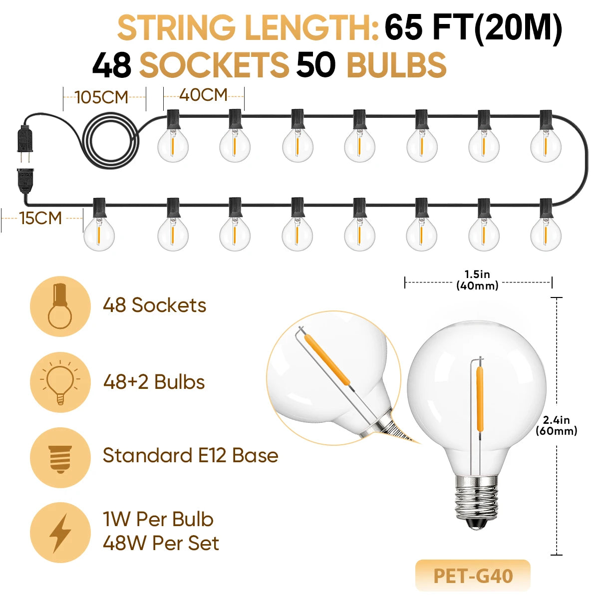 Shatterproof G40 Outdoor String Lights 110V Led String Light Waterproof Connectable - Lumaz