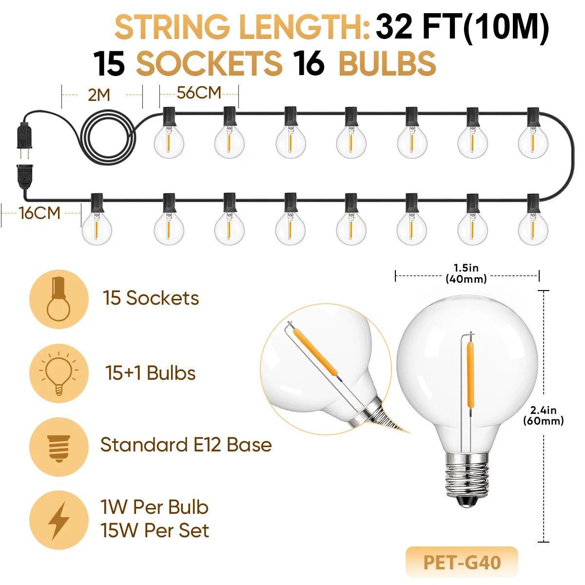 Shatterproof G40 Outdoor String Lights 110V Led String Light Waterproof Connectable - Lumaz