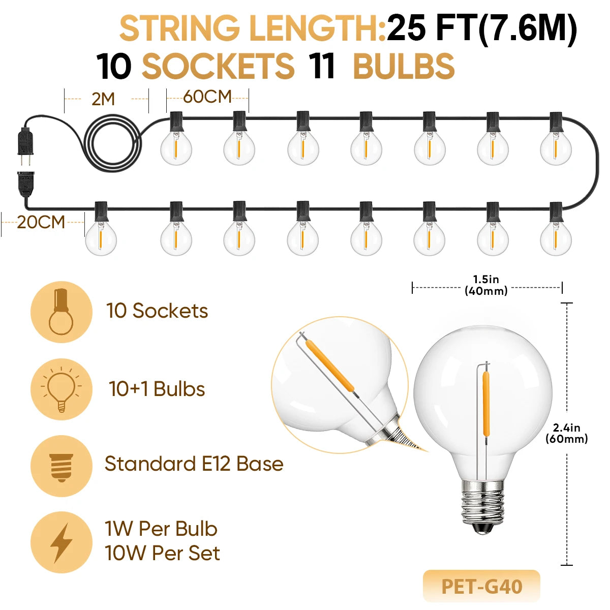 Shatterproof G40 Outdoor String Lights, 110V Led String Light Waterproof Connectable - Lumaz