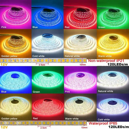 SMD 2835 12V IP21IP65 LED Strip Lights With 60120240 LEDs 9 Colors 5M - Lumaz