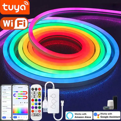 RGBIC Silicone Neon LED Strip Light - Tuya Smart App, IP65 Waterproof, USB 5V, Voice Control