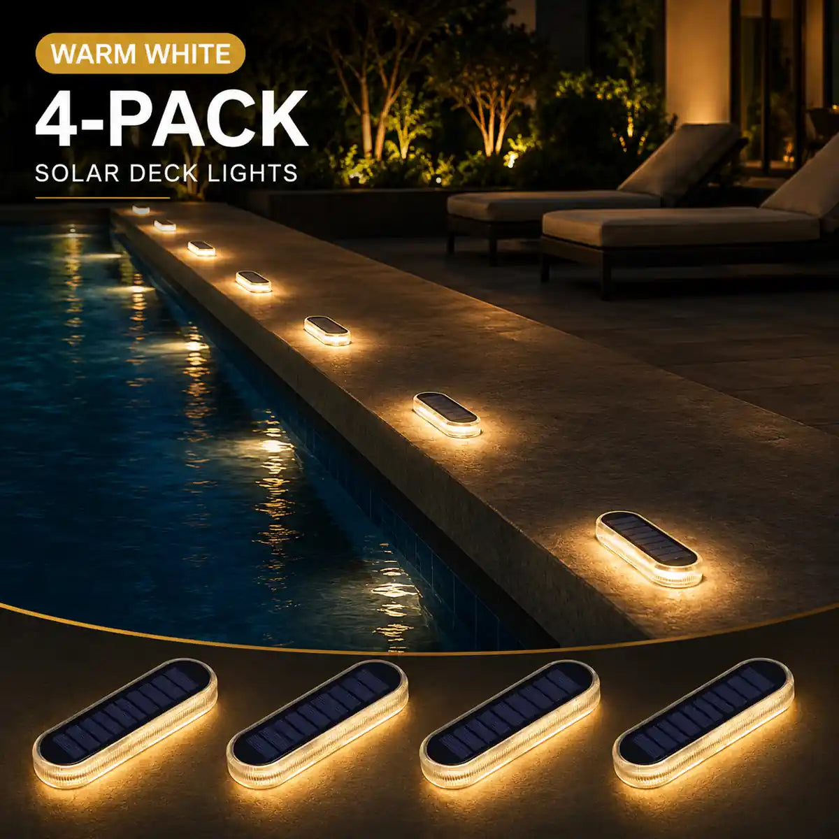 4-Pack Linear Solar LED Deck Lights - Stick-On Step Lights, IP68 Waterproof, Auto On/Off