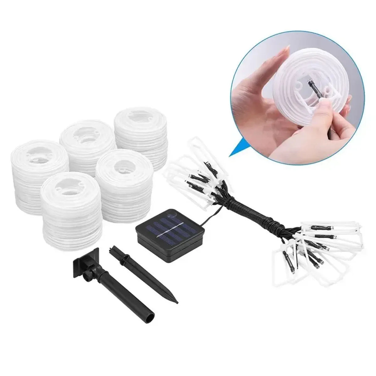 Solar lantern shades, LED string, panel, and ground stake shown separately