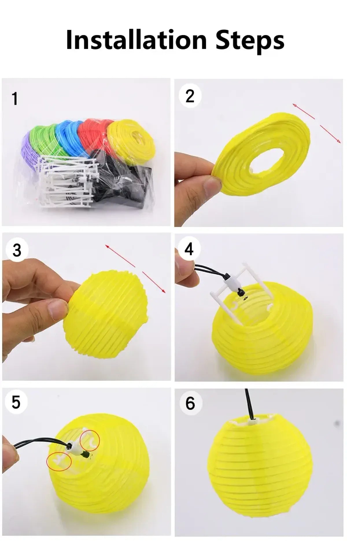 Illustrated steps for attaching lantern shades to LED bulbs