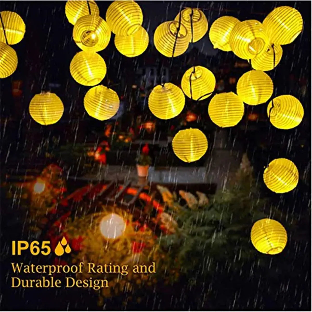 Warm solar lantern lights shown in rainy outdoor conditions