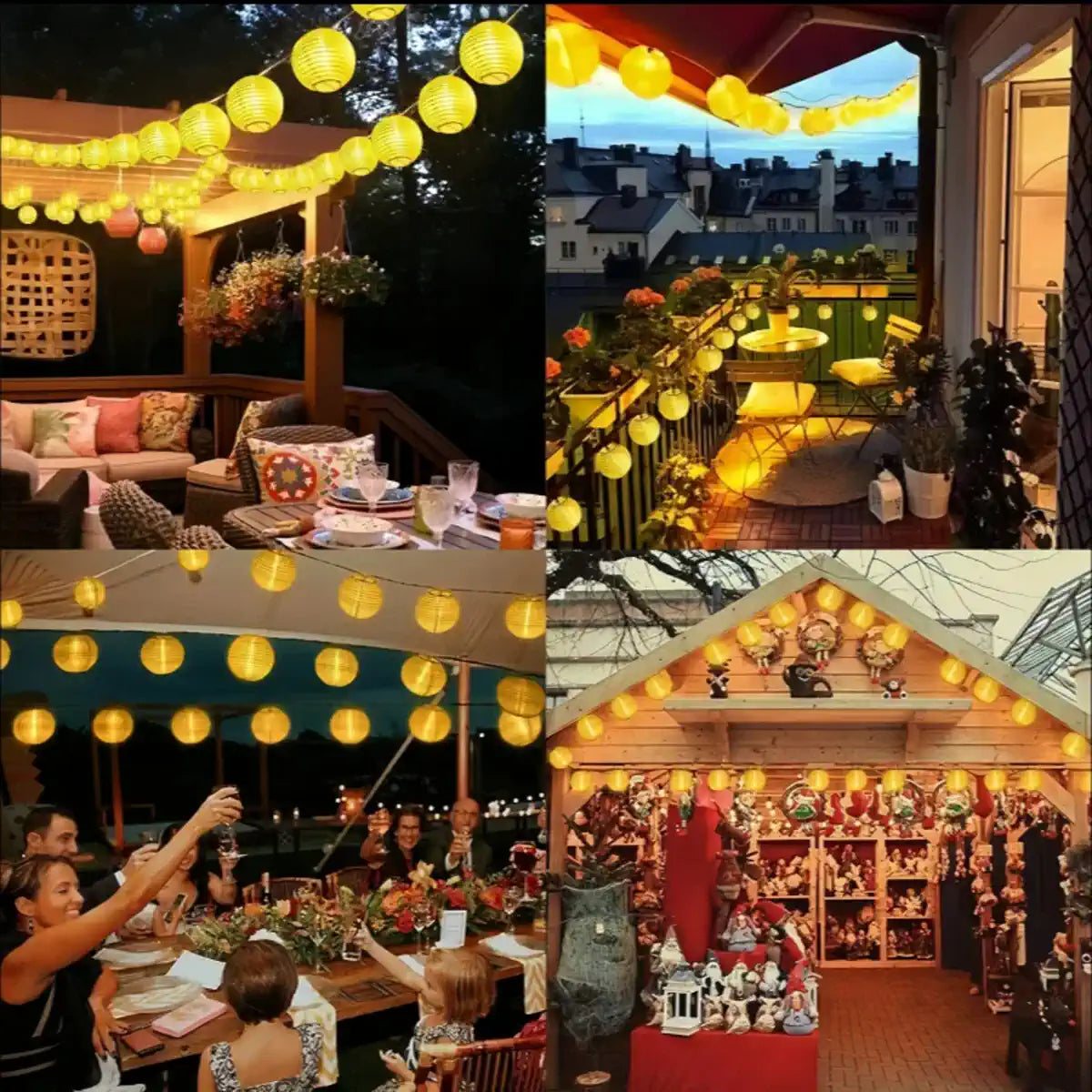 Solar lantern strings decorating patios and outdoor gatherings