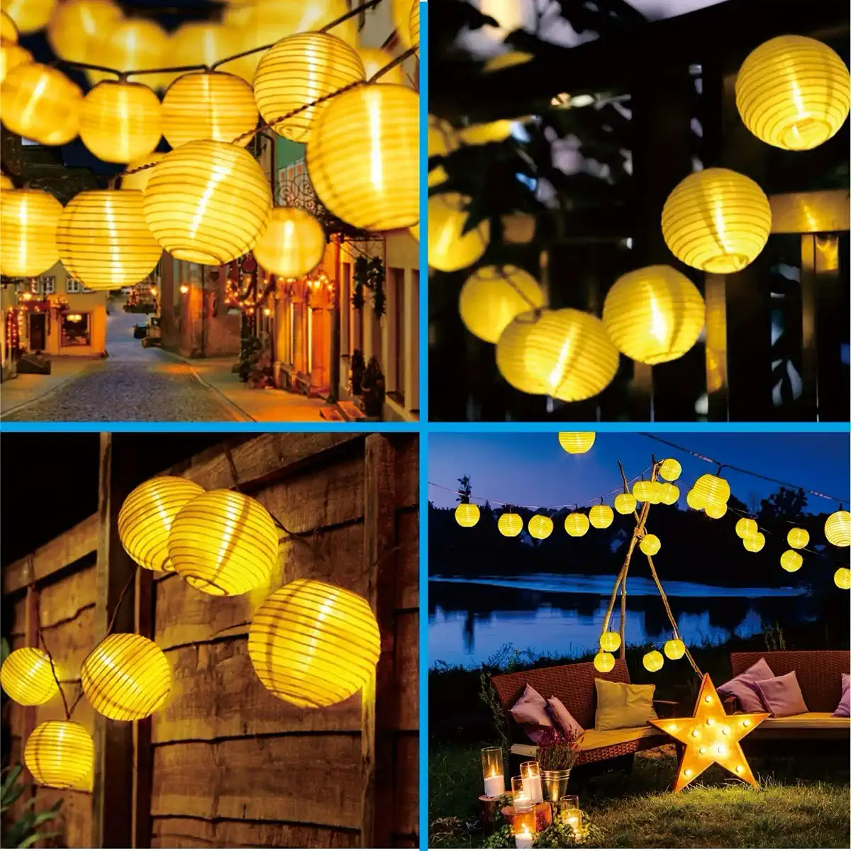 Solar lantern string lights in several outdoor scenes