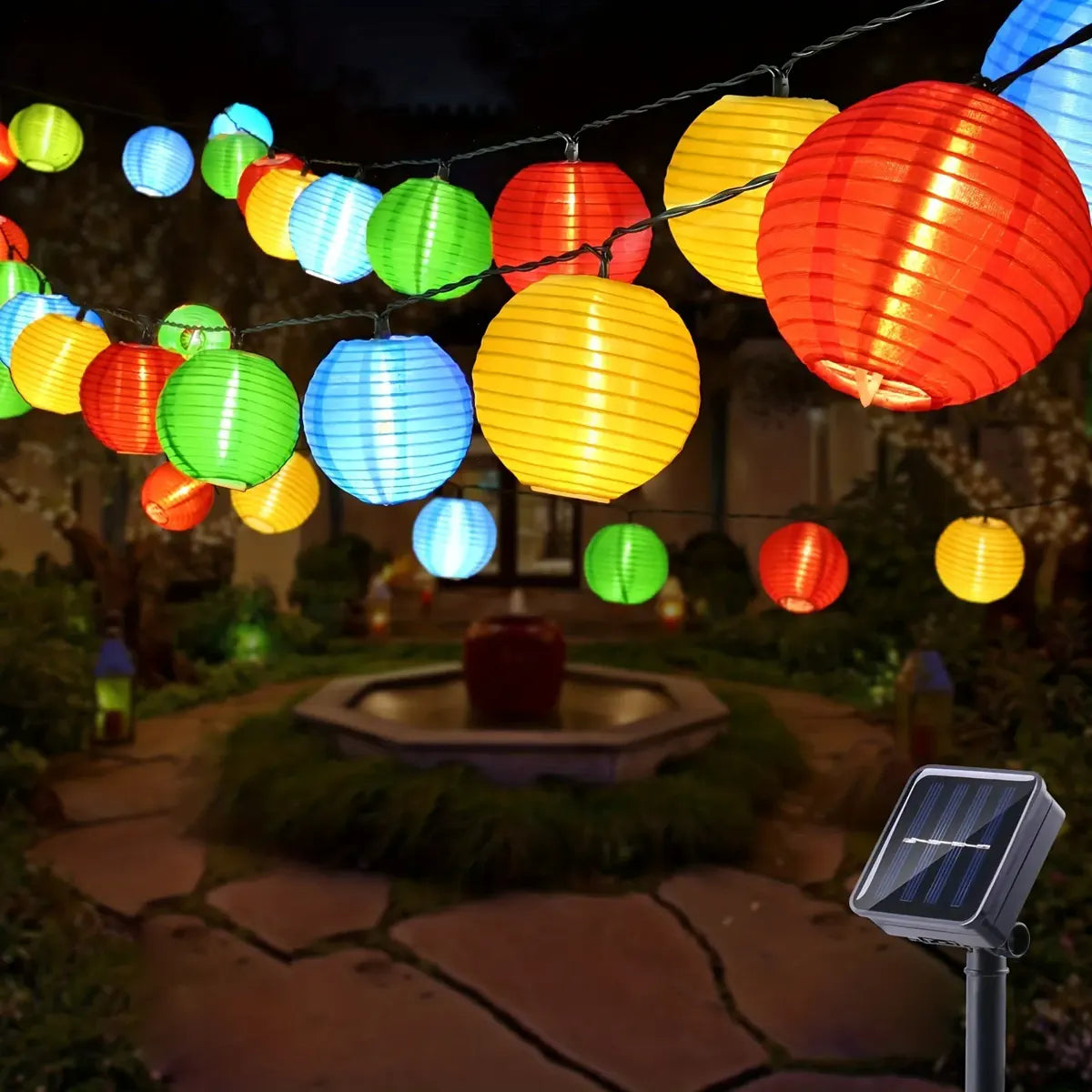 Colorful solar lanterns displayed above a patio