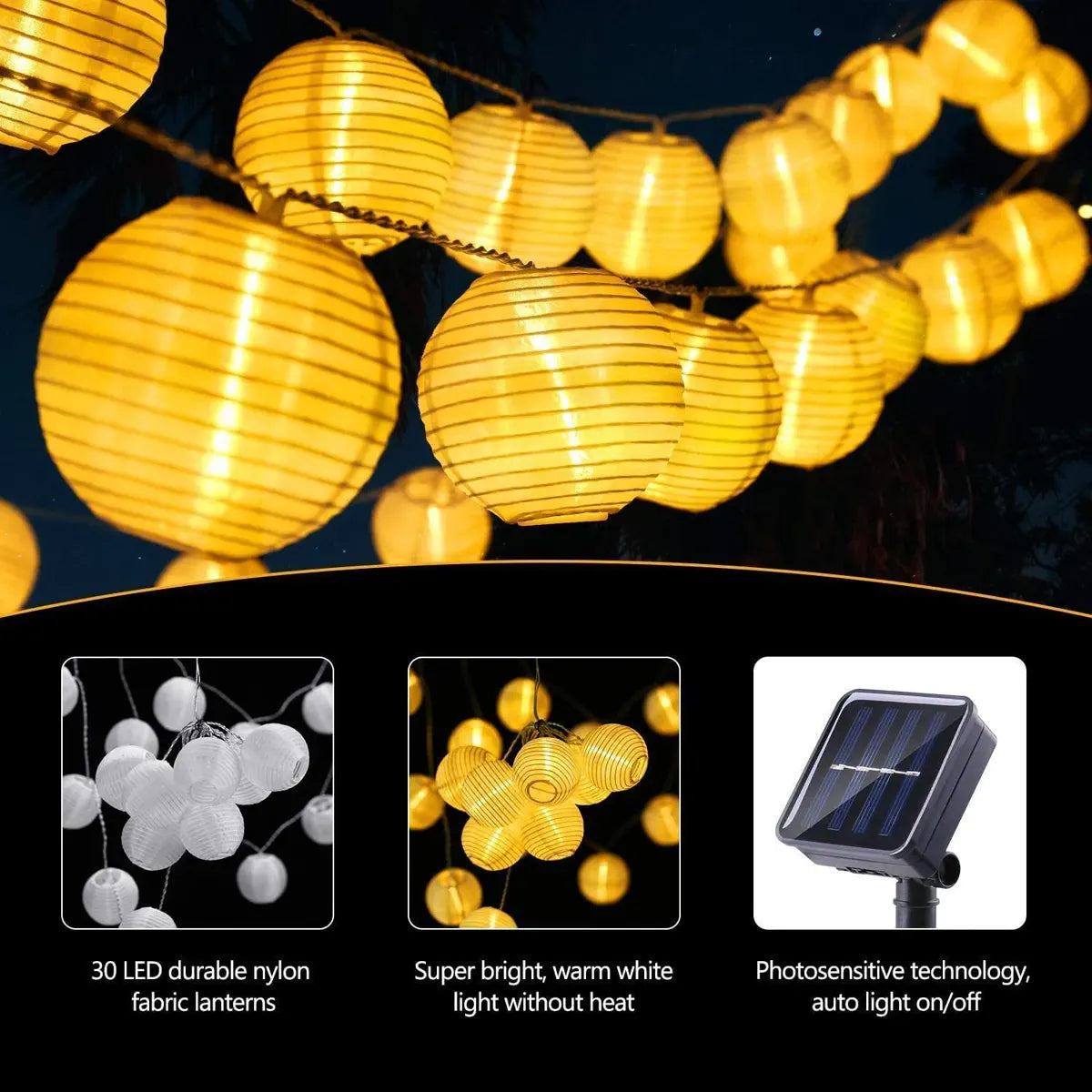 Solar Fabric Lantern String Lights - 8 Modes, Dusk-to-Dawn, Waterproof
