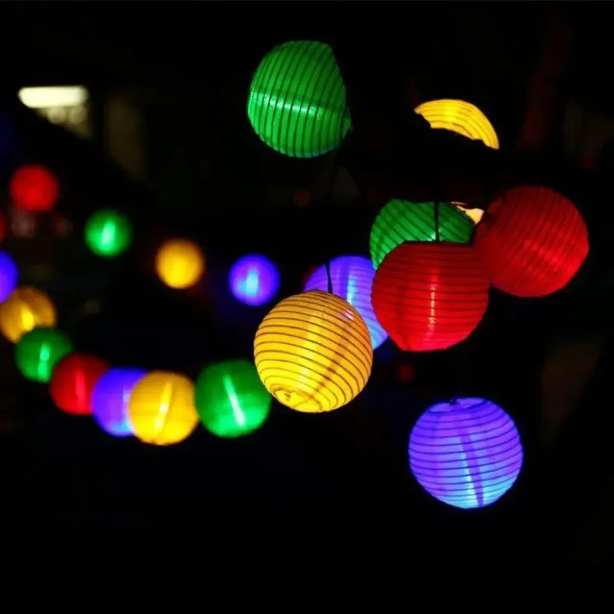 Multicolor ribbed lanterns illuminated at night