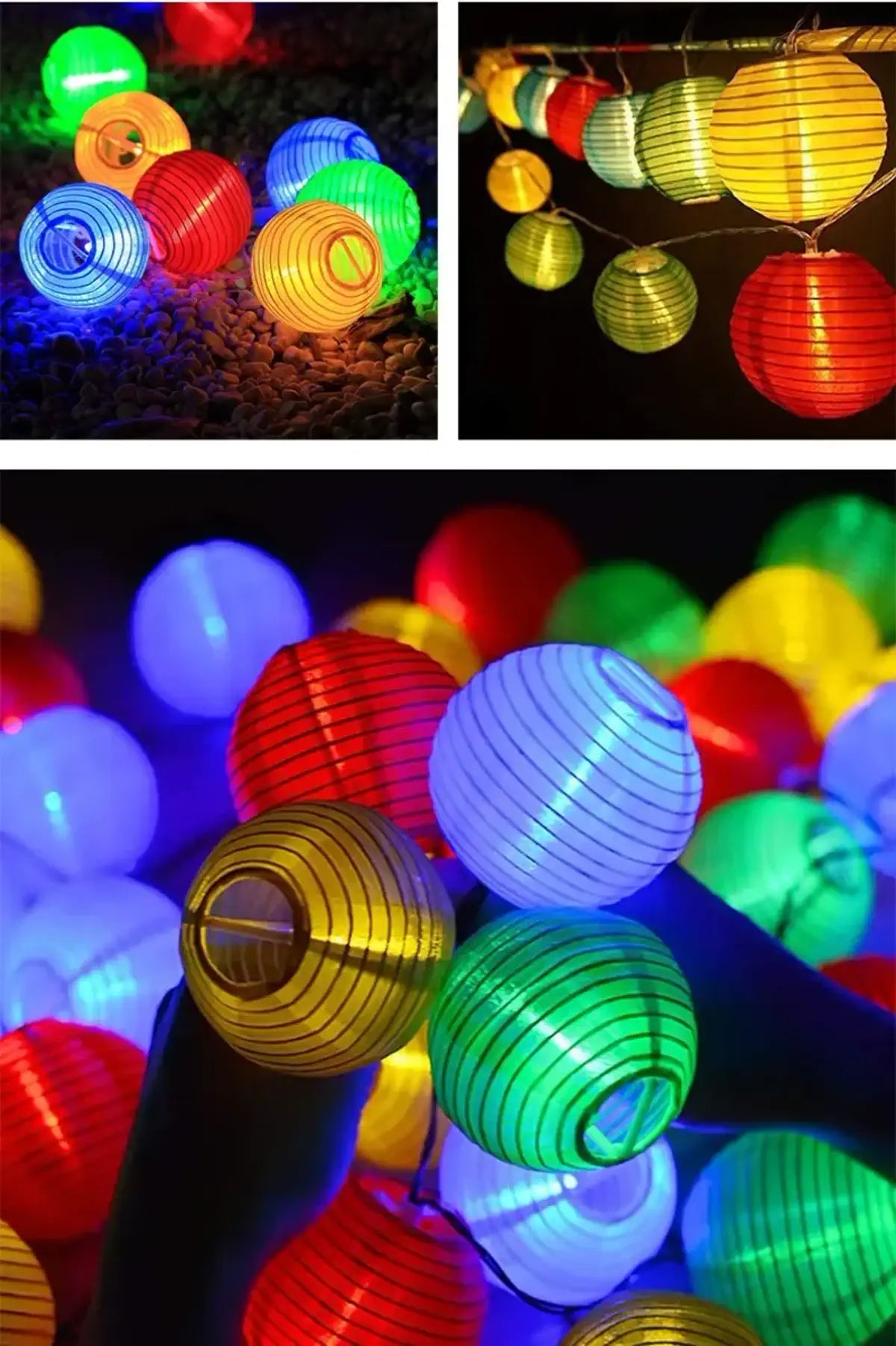 Multicolor lanterns illuminated in a close outdoor view