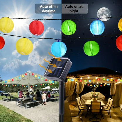 Solar Fabric Lantern String Lights - 8 Modes, Dusk-to-Dawn, Waterproof