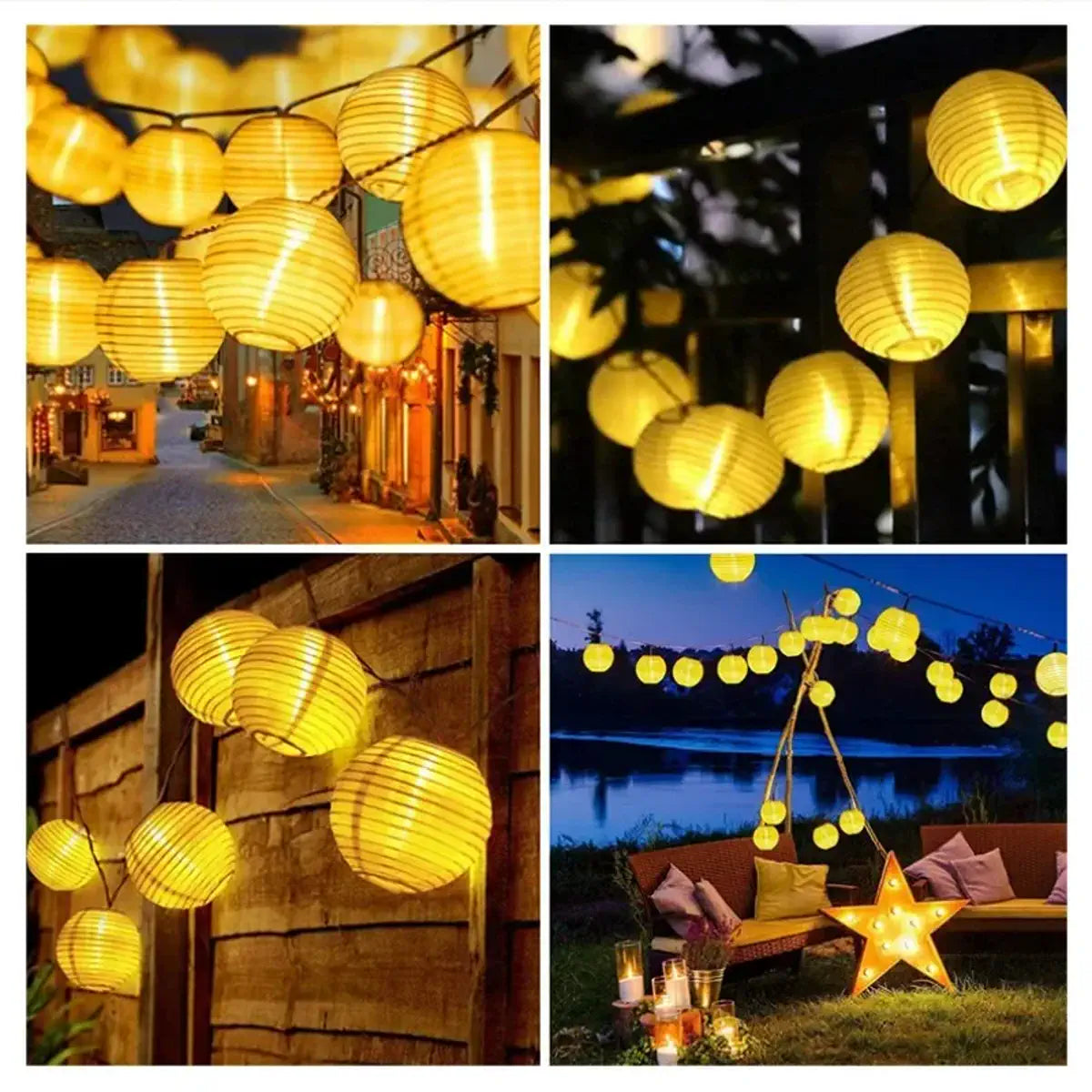 Solar Fabric Lantern String Lights - 8 Modes, Dusk-to-Dawn, Waterproof
