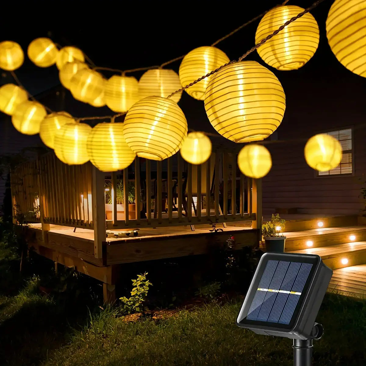 Solar Fabric Lantern String Lights - 8 Modes, Dusk-to-Dawn, Waterproof
