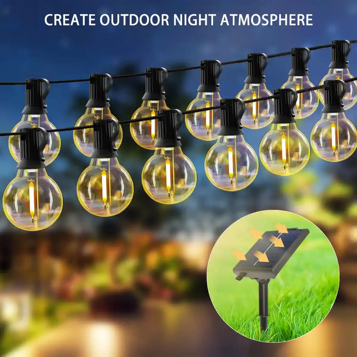 Solar G40 string lights creating an outdoor night setting