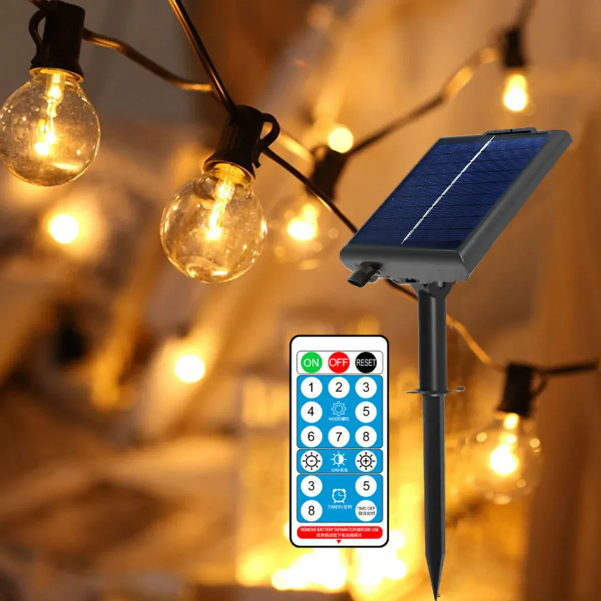 G40 solar string lights with adjustable panel and remote control