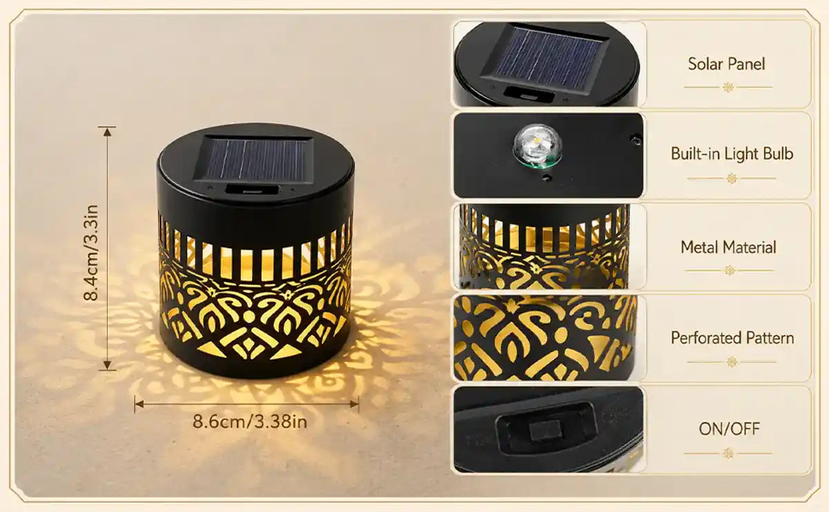 Solar panel, LED, metal cutouts, and on-off switch