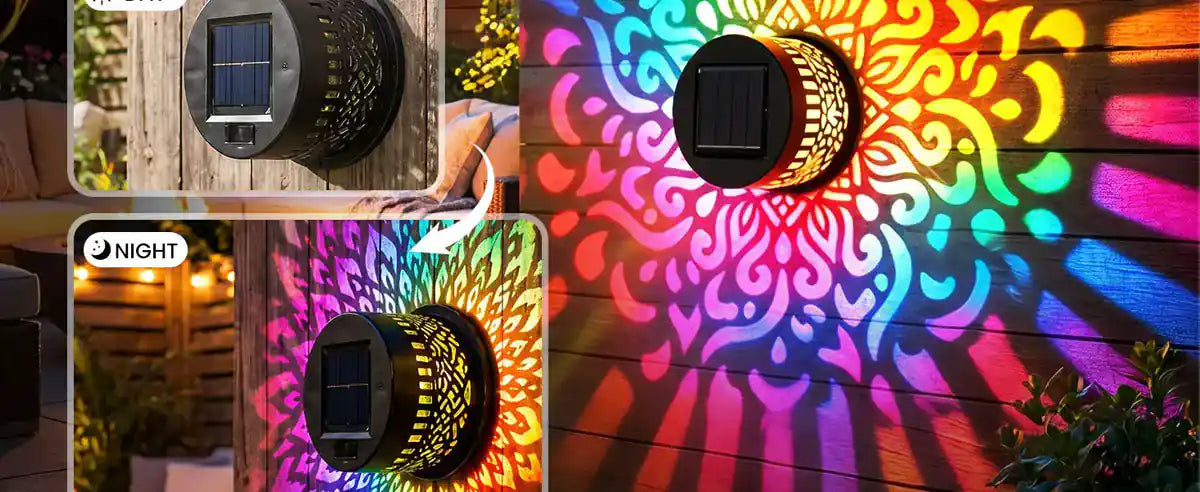 Colorful mandala projection on an outdoor wall