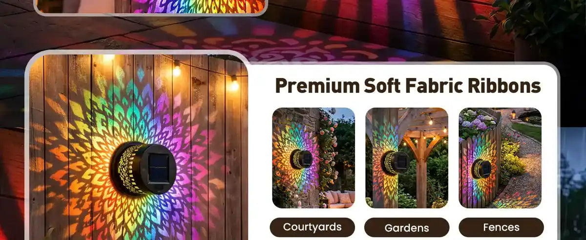 Colorful projected patterns in courtyard, garden, and fence settings