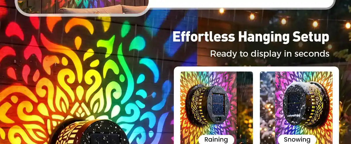 Wall-mounted colorful mandala projection in outdoor weather