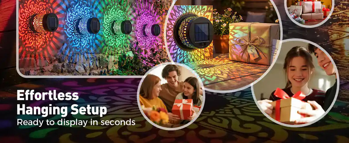 Multiple colorful mandala projections along a wall