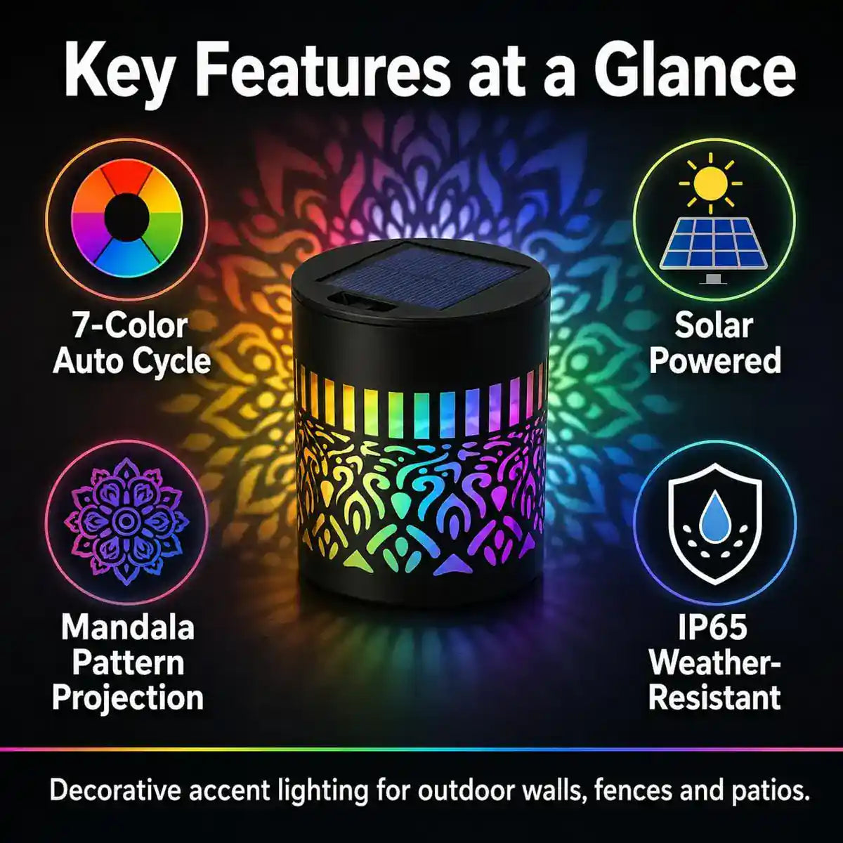 Solar Mandala Projection Light - Metal Cutout Design, IP65 Outdoor Use
