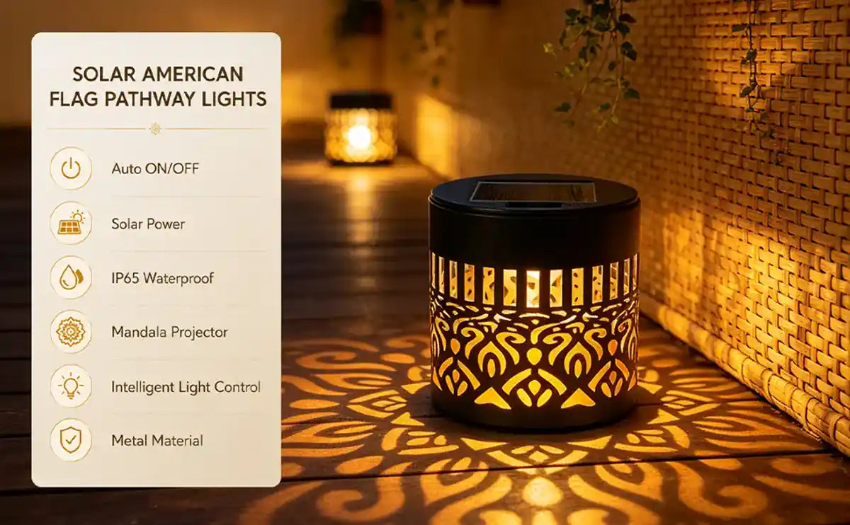 Solar mandala projection light beside a garden path